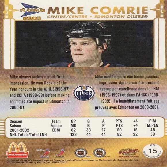 Mike Comrie - 2003 Prizm Platinum Hockey Card - Picture 2 of 2